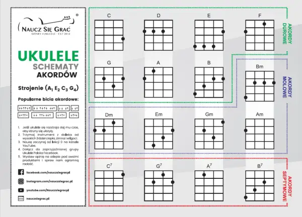 Schematy akordów do ukulele: C, D, E, F, G, A, B, Bm, Dm, Em, Gm, Am, C7, G7, A7, B7. Instrukcja strojenia i bicia.