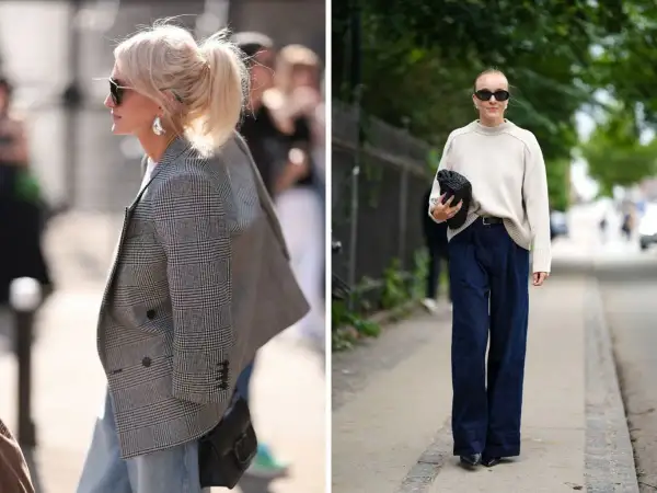 Eleganckie stylizacje z jeansami: kraciasty żakiet i szerokie spodnie.