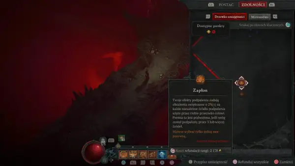 Diablo 2 czarodziejka build: drzewko umiejętności z pasywną mocą "Zapłon", zwiększającą obrażenia od podpalenia.