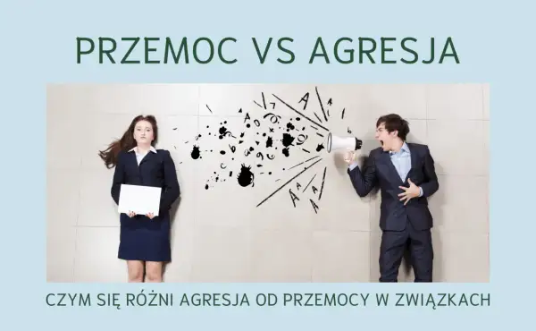 Mężczyzna krzyczy przez megafon, a kobieta leży na ziemi z pustą kartką. Obraz ilustruje przemoc vs agresja, pokazując ich definicję w relacjach.
