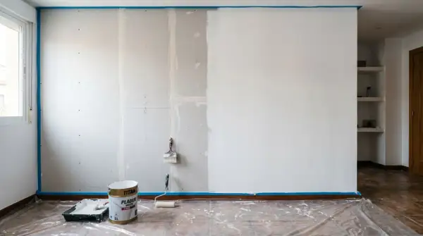Pintando una pared de pladur. Cubo de pintura blanca, rodillo y brocha listos para transformar el espacio.