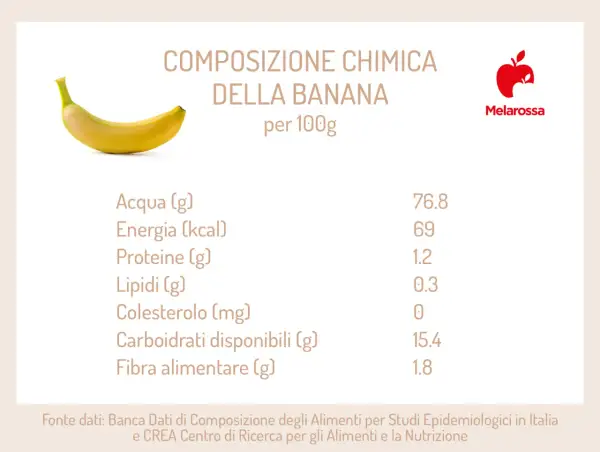 Composizione chimica della banana per 100g: 69 kcal. La banana è un frutto ricco di carboidrati e acqua.