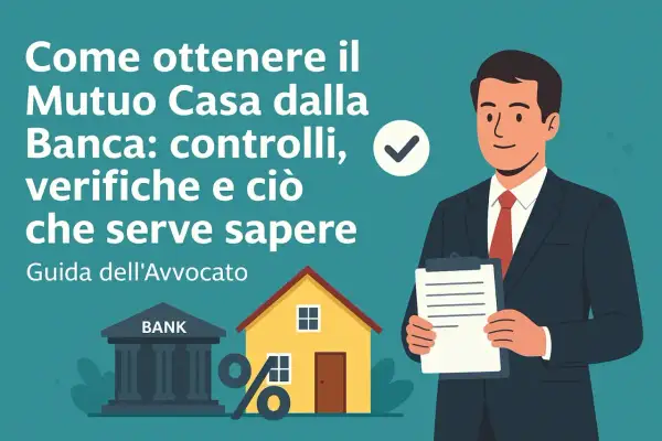Uomo in giacca e cravatta con appunti, banca, casa e simbolo percentuale: guida alla fattibilità mutuo.