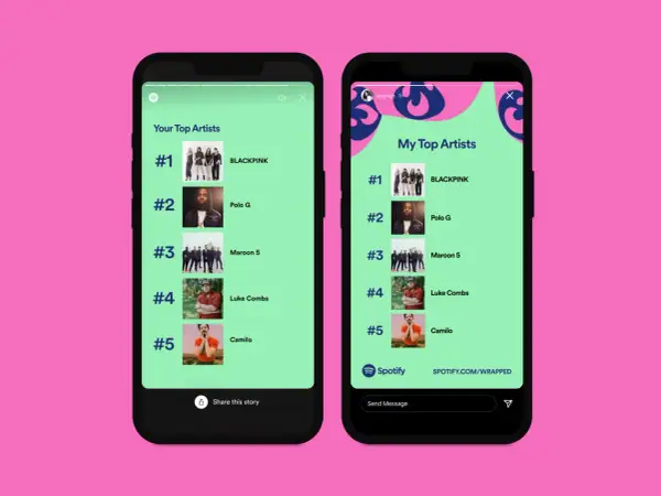 Two phone screens displaying Spotify Wrapped examples of top artists: BLACKPINK, Polo G, Maroon 5, Luke Combs, and Camilo.