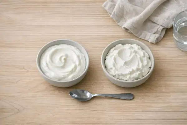 Due ciotole di yogurt greco, una liscia e una più granulosa, pronte per essere gustate. Ottimi yogurt greco valori nutrizionali per una colazione sana.