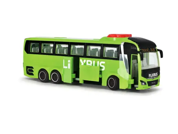 Zielony autobus Flixbus z otwartymi drzwiami, idealny do zabawy w podróż lub do rozważenia flixbus zwrot biletu.