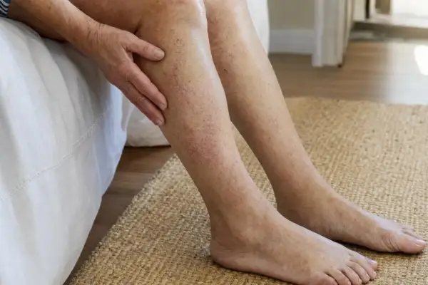Pelle delle gambe invecchiata con capillari visibili. Una mano accarezza delicatamente la parte superiore della gamba, mostrando i segni del tempo.