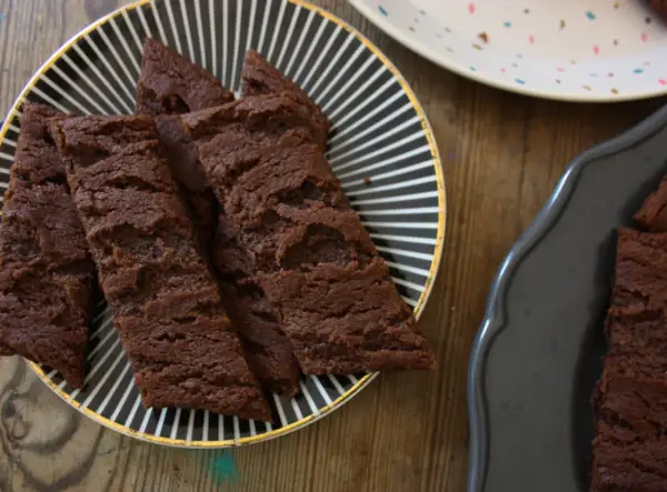 Fredriks fika: chokladsnittar på en svartvitrandig tallrik. Mums!