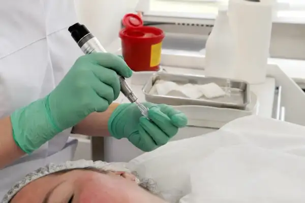 Dermapen zalecenia po zabiegu: specjalista w zielonych rękawiczkach przygotowuje urządzenie do mikronakłuwania skóry.