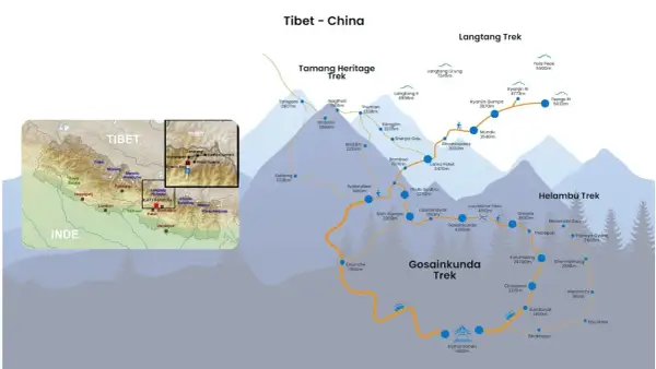 Carte des treks au Népal : Tamang Heritage, Langtang Trek, Helambu et Gosainkunda. Vue aérienne des montagnes.