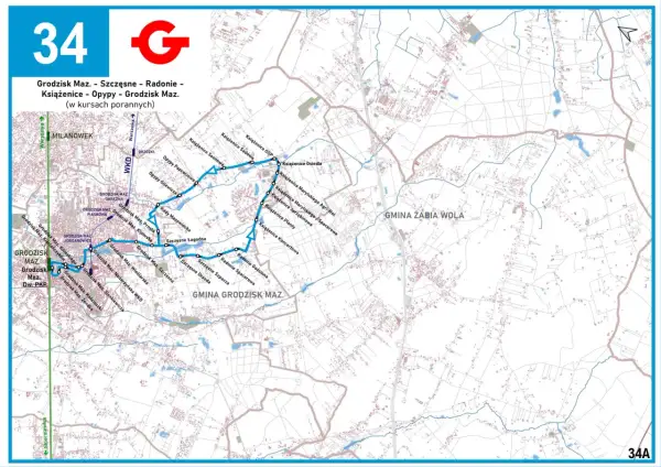 Mapa trasy linii 34 Grodzisk Maz. - Szczęsnesne - Radonie - Książenice - Opy. Trasa biegnie przez Milanówek, Grodzisk Mazowiecki, Książenice i Opy.
