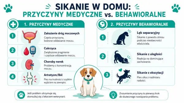 Ilustracja przedstawia przyczyny medyczne i behawioralne sikania w domu u rocznego psa, w tym problemy z drogami moczowymi, cukrzycę, choroby nerek, artretyzm, lęk separacyjny, uległość i ekscytację.