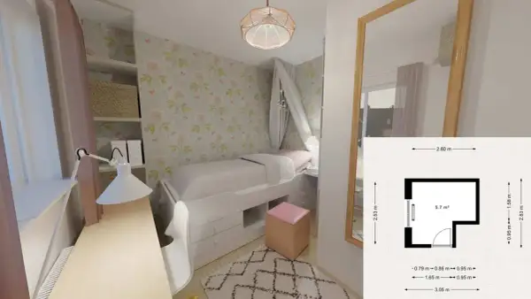 Ein gemütliches kleines Kinderzimmer einrichten: Bett mit Stauraum, Schreibtisch, Spiegel und Wanddeko.