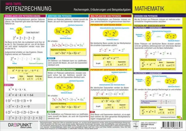 Potenzen multiplizieren: Bei identischer Basis werden die Exponenten addiert, z.B. 2³ * 2⁵ = 2⁸.