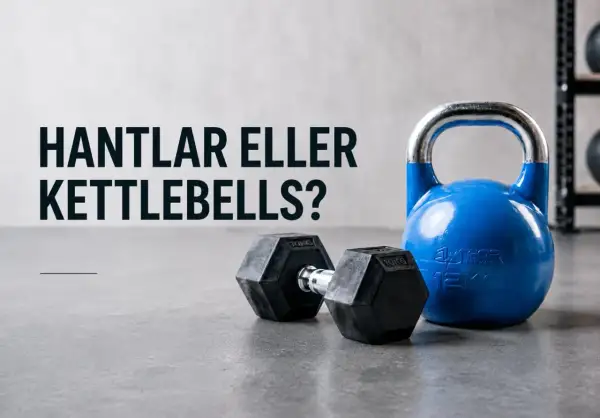 En blå kettlebell och en hantel ligger på ett betonggolv. Texten "Hantlar eller Kettlebells?" antyder ett val för ditt kettlebell program.