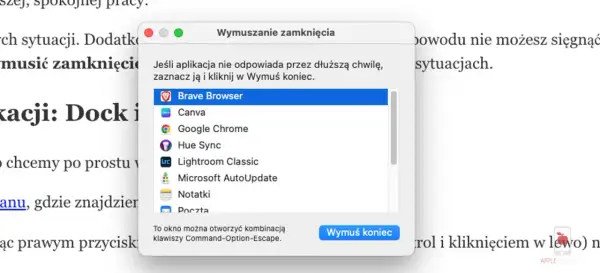 Okno "Wymuszanie zamknięcia" na MacBooku, pokazujące listę aplikacji, w tym Brave Browser. Pomaga, gdy nie wiesz, jak wymusić zamknięcie aplikacji.