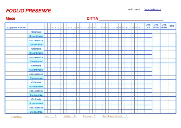 Foglio presenze mensile con colonne per giorni, ore ordinarie, straordinarie, assenze e riepiloghi. Utile per la gestione del foglio ore lavoro.