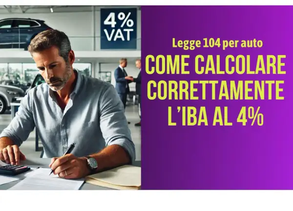 Uomo in concessionaria calcola l'IVA al 4% per l'acquisto di un'auto, con testo "Legge 104 per auto: Come calcolare correttamente l'IVA al 4%".