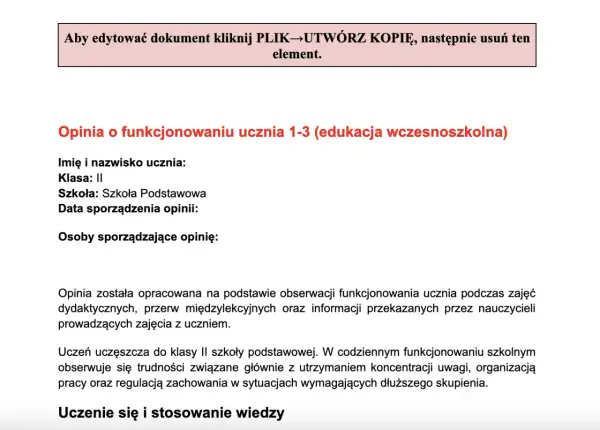 Opinia o funkcjonowaniu ucznia z klasy II szkoły podstawowej, opisująca trudności z koncentracją i organizacją.