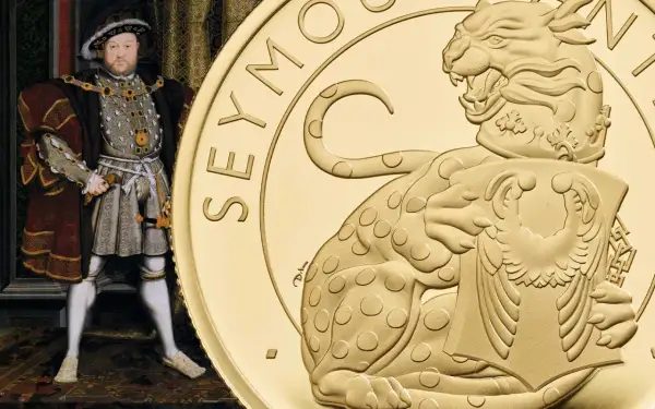 Król Henryk VIII z portretu obok złotego medalu z panterą, część serii "Bestie Tudorów".
