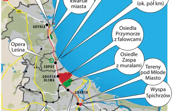 Mapa Trójmiasta z zaznaczonymi atrakcjami: Gdynia, Sopot, Gdańsk, Opera Leśna, Wyspa Spichrzów.