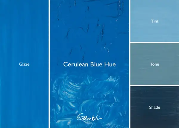 A swatch of cerulean blue paint, showing its glaze, hue, tint, tone, and shade.