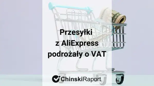 Wózek sklepowy z pieniędzmi w środku symbolizuje, że przesyłki z AliExpress podrożały o VAT.