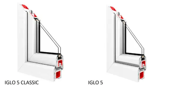 Porównanie profili okien Drutex Iglo 5 Classic i Iglo 5. Widok przekroju profili okiennych.