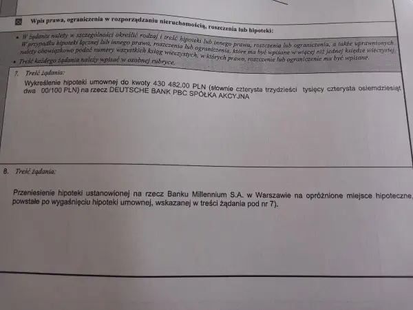 Fragment dokumentu z tekstem dotyczącym wpisu prawa, roszczeń i hipotek.