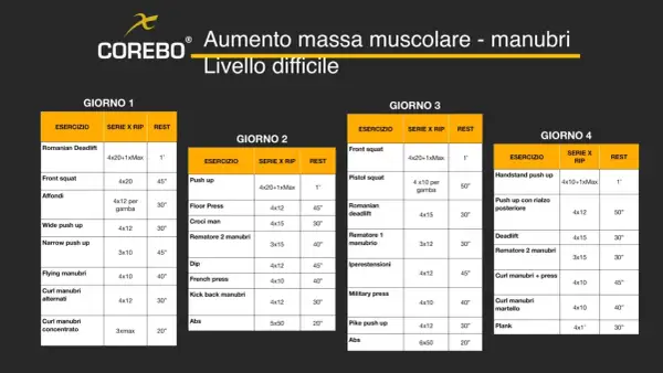 Scheda allenamento trazioni massa: programma di 4 giorni per aumento massa muscolare con manubri, livello difficile.