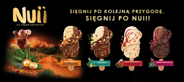 Cztery lody Nuii w czekoladzie z różnymi dodatkami na tle krajobrazu i koali.