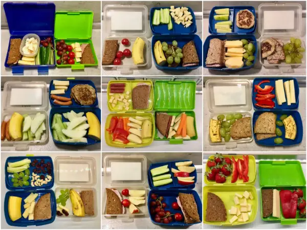 Bunte Brotdosen für den Kindergarten: gesunde und ungesunde Lebensmittel wie Obst, Gemüse, Käse, Wurst und Brot.