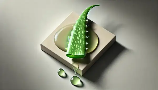 Foglia di aloe vera su un cubo beige, con gocce di gel trasparente che colano.