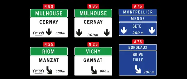 Panneaux autoroute signification : direction Mulhouse, Clermont-Ferrand, Montpellier, Bordeaux.