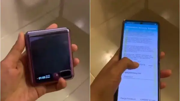 Składany telefon Samsung Galaxy Z Flip z fioletowym wykończeniem. Na ekranie widoczny jest tekst "Information Security Solution", który wyjaśnia, czym jest Samsung Pass.