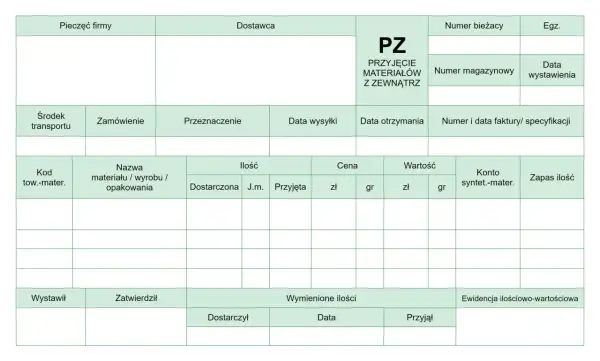 Formularz PZ - przyjęcie materiałów z zewnątrz. Dokumenty magazynowe do wypełnienia.