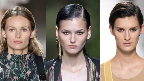 Trois mannequins aux regards intenses. La deuxième arbore un maquillage smoky eyes vert audacieux, accentuant ses yeux perçants.