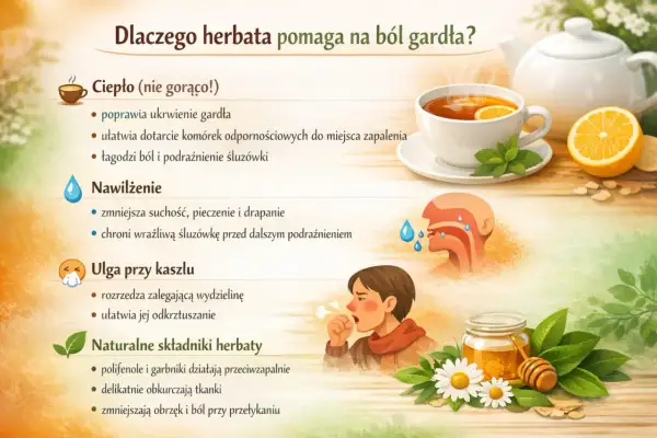 Ciepła herbata to idealna **jaka herbata na ból gardła** – łagodzi, nawilża i pomaga przy kaszlu dzięki naturalnym składnikom.