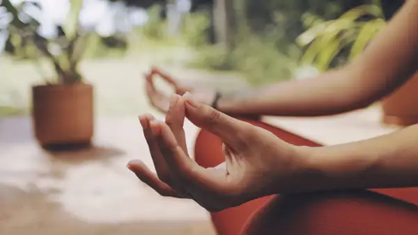 Manos en posición de meditación, con el pulgar e índice unidos, un mudra de energía.