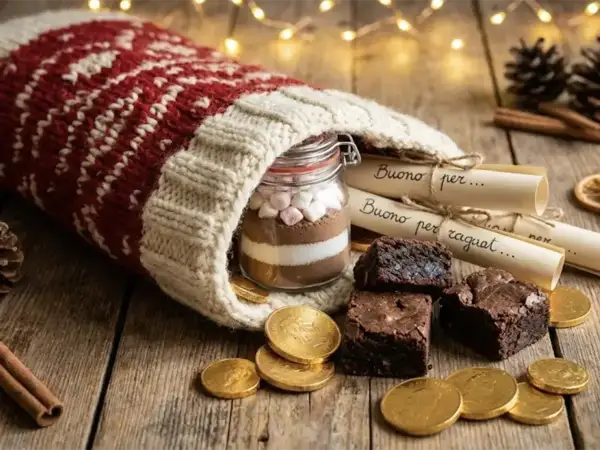 Un calzino natalizio pieno di dolcezze: cioccolata in barattolo, brownies e monete d'oro. Cosa si lascia alla Befana? Un pensiero goloso!
