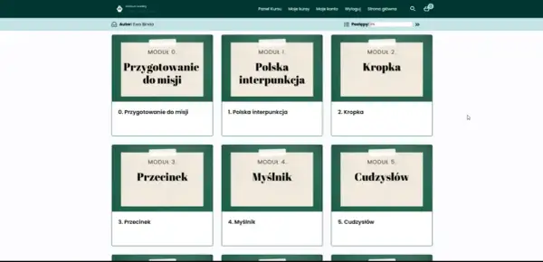 Moduły kursu: Przygotowanie do misji, Polska interpunkcja, Kropka, Przecinek, Myślnik, Cudzysłów.
