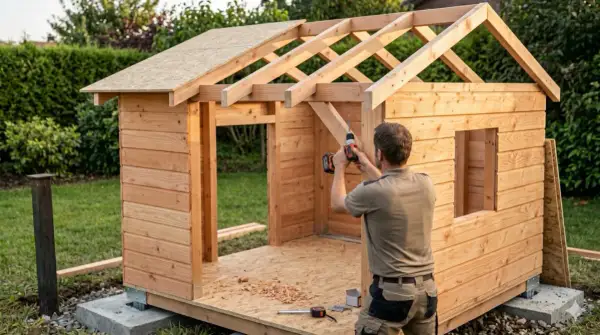 Mann baut ein Spielhaus selber. Holzkonstruktion mit Dachsparren und Wänden wird mit Akkuschrauber montiert.