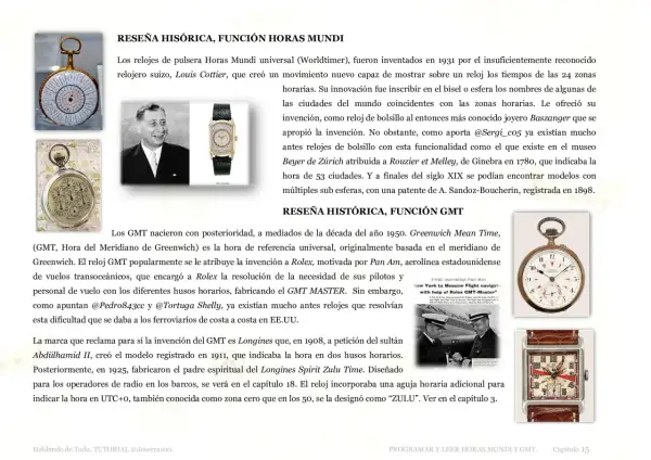 Relojes antiguos y modernos, incluyendo un reloj GMT que muestra múltiples zonas horarias, ideal para viajes.