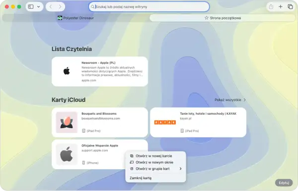 Safari pokazuje listę czytelni i karty iCloud. Aktualizacja Safari może przynieść nowe funkcje.