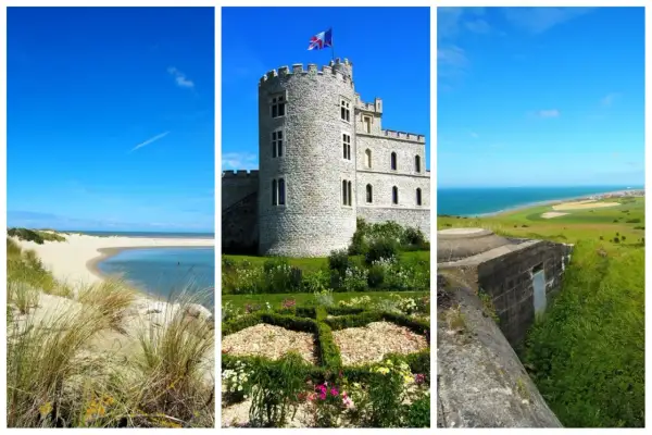 Paysages variés de la Côte d'Opale : dunes, château, et bunker surplombant la mer.