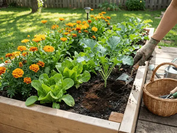 En hand med handske planterar i en upphöjd bädd med sallat och blommor. Kaffesump används som gödsel för att ge näring.