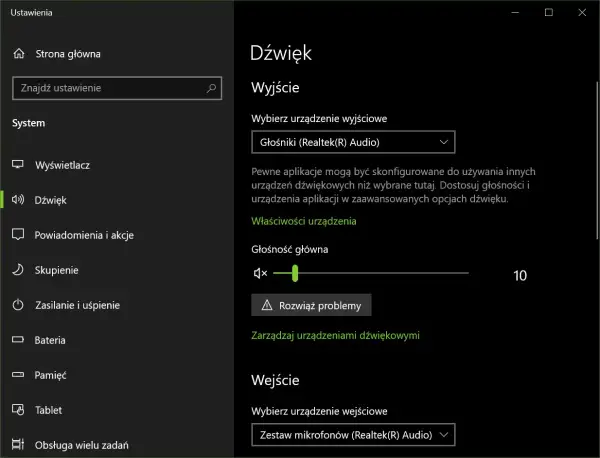 Ustawienia dźwięku w laptopie. Wybierz urządzenie wyjściowe, np. Głośniki (Realtek Audio), aby włączyć dźwięk. Dostosuj głośność główną.