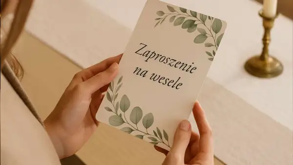 Dłonie trzymają zaproszenie na wesele z motywem liści. Warto wiedzieć, jak wypisać zaproszenia ślubne z osobą towarzyszącą i dzieckiem.
