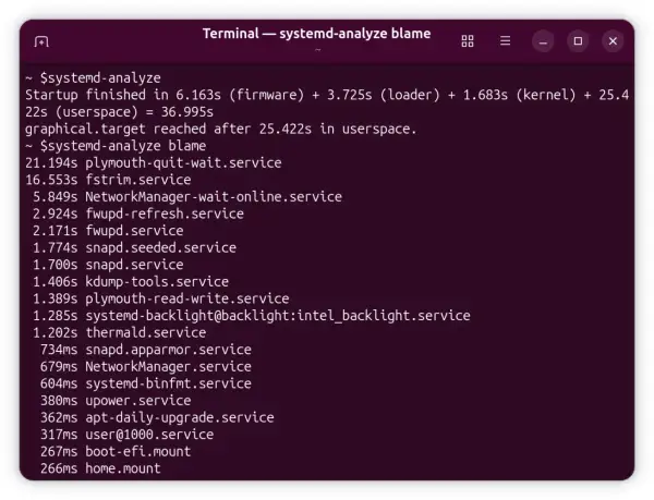 Analiza czasu uruchamiania systemu Linux. Wyniki `systemd-analyze blame` pokazują, które usługi spowalniają autostart.