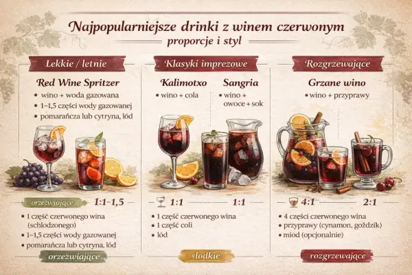 Orzeźwiające drinki z winem: Red Wine Spritzer, Kalimotxo i Sangria. Wino z sokiem i owocami to idealna propozycja na lato.